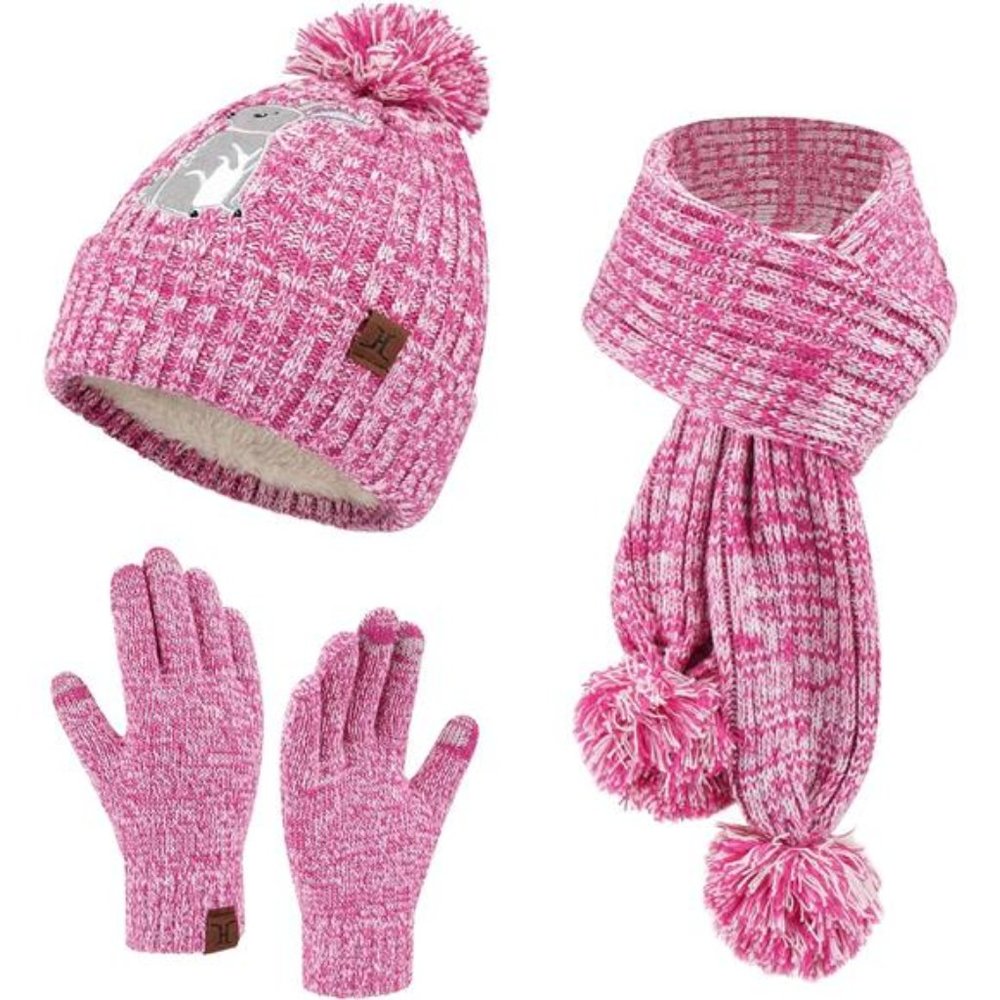 Girls Winter Warm Beanie Hats Long Scarf Touchscreen Gloves Set